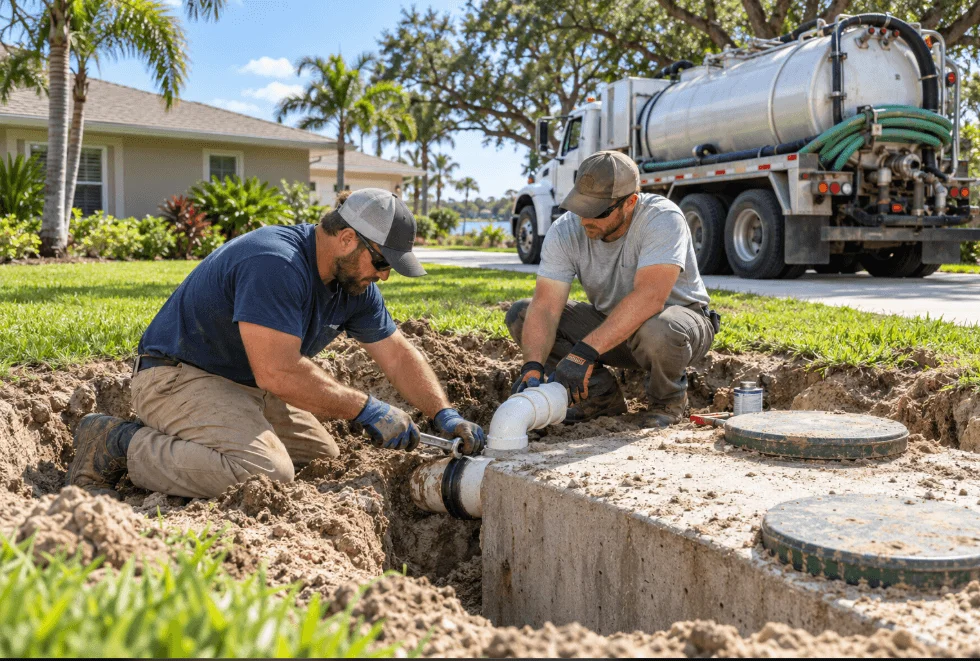 Septic technicians working on a tank connection at a residential property; trade illustration